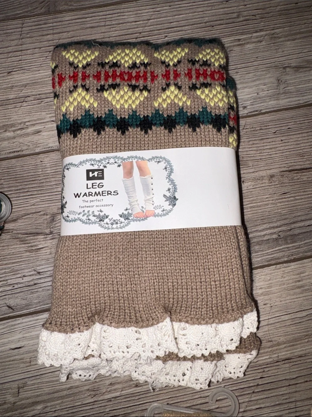 NWT Knit Leg Warmers with Lace Trim - Taupe with Multicolor Pattern